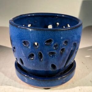 Blue Ceramic Orchid Pot - RoundWith Attached Humidity Drip Tray6.5" x
