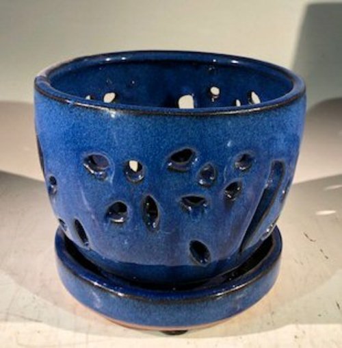 Blue Ceramic Orchid Pot - RoundWith Attached Humidity Drip Tray6.5" x