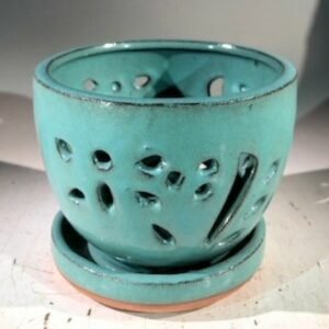 Light Blue Ceramic Orchid Pot - RoundWith Attached Humidity Drip