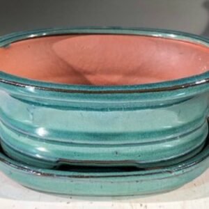 Blue / Green Ceramic Bonsai Pot -OvalWith Humidity Drip Tray7" x 5.5"