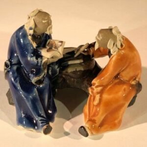 Ceramic FigurineTwo Men Sitting On A Bench - 2" Color: Blue & Orange