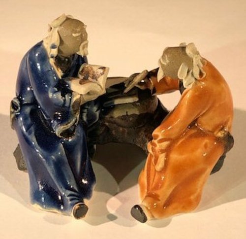 Ceramic FigurineTwo Men Sitting On A Bench - 2" Color: Blue & Orange