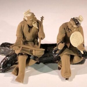 Miniature Ceramic Figurine Two Men Sitting on Bench Playing Musical